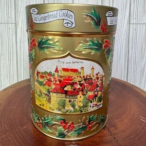 Vintage 1999 Lambertz Aachen Musical‎ Cookie Tin Gold German Holiday Decor 6in